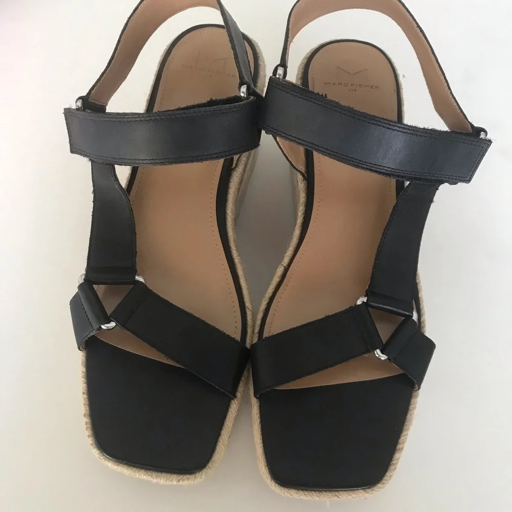 Marc Fisher Espadrille 3.5 platform wedge strap leather sandals black size 10M